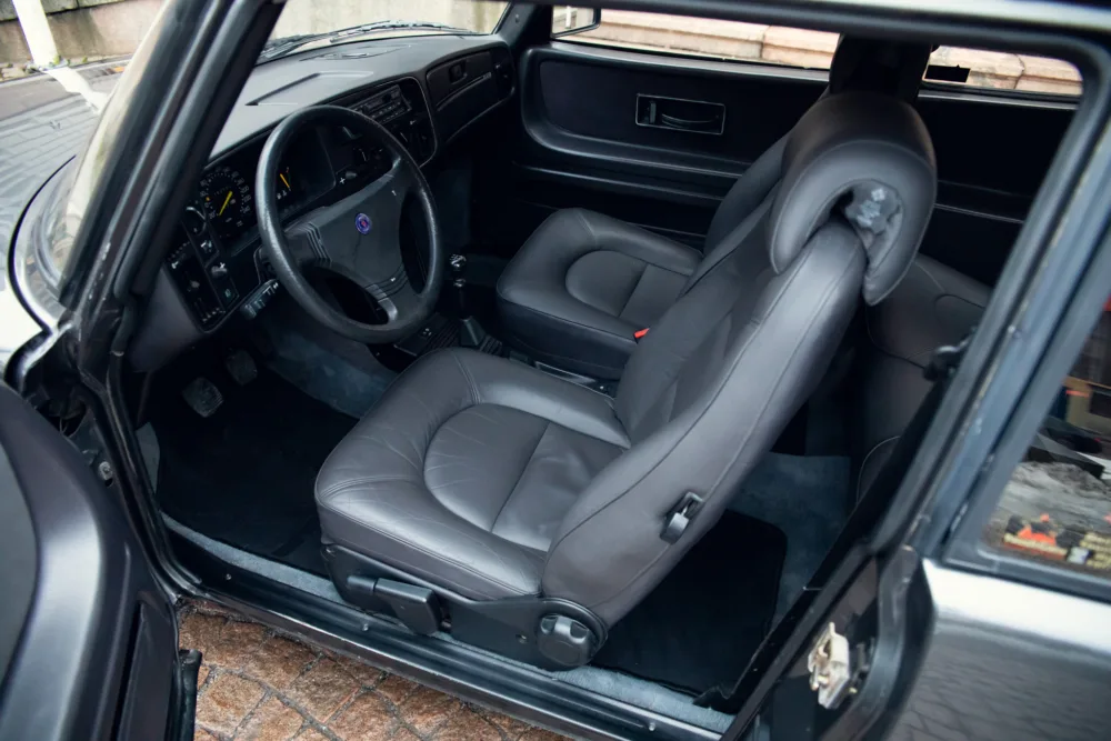 Interior view of classic car with leather seats