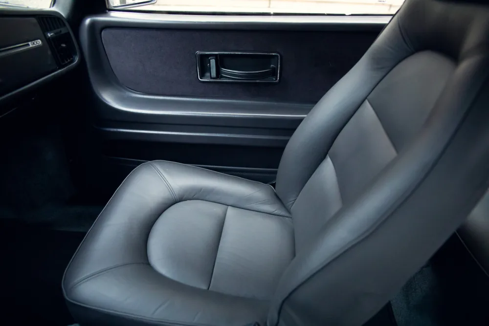 Car interior with black leather seat and door handle