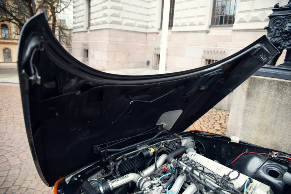 Car engine with open hood, vehicle maintenance.