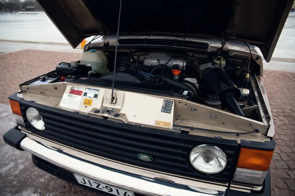 Open hood of vintage Land Rover engine