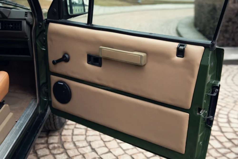 Vintage car interior door panel with handles.