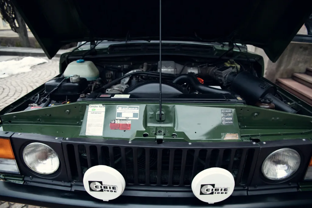 Car engine open hood showing components.