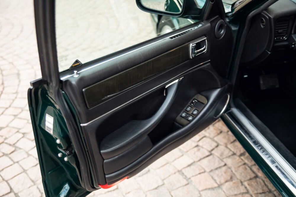 Black car door interior with control switches.