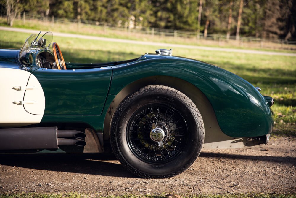 Vintage green and white roadster in natural setting.