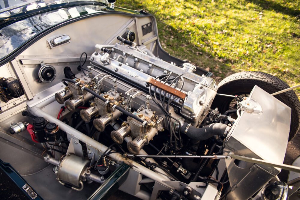 Vintage car engine compartment detailed view.
