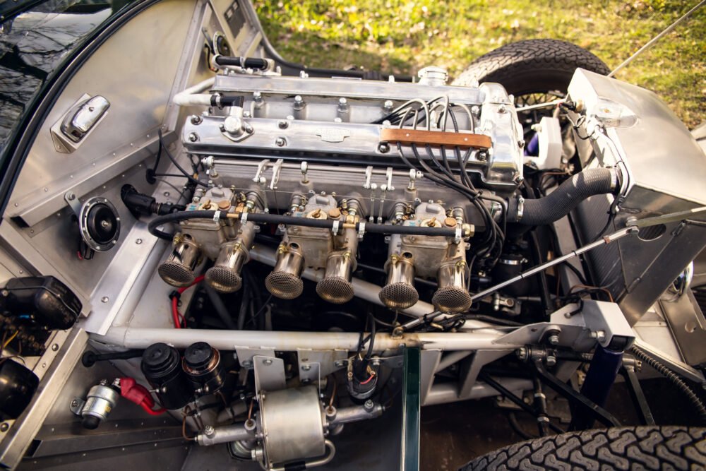 Vintage sports car engine and interior details.