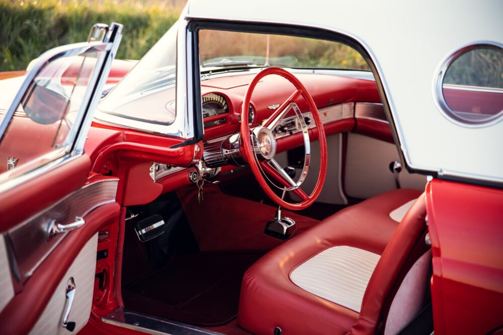 Vintage red and white car interior.
