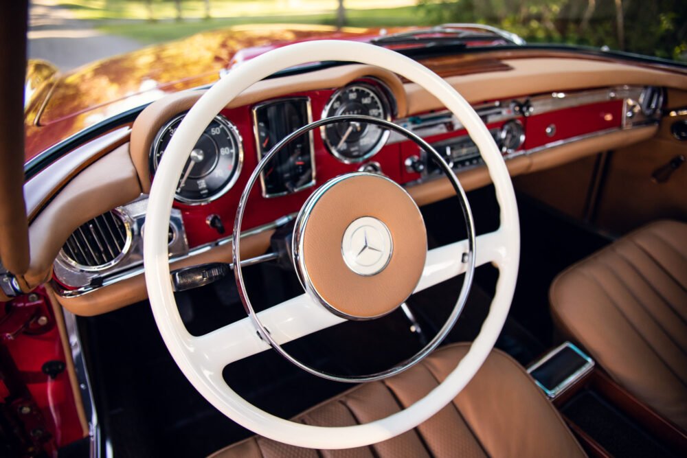 Vintage Mercedes dashboard and steering wheel.