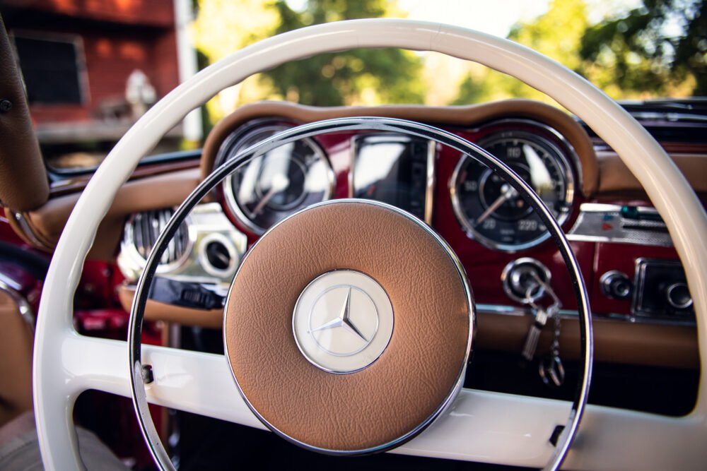 Vintage Mercedes dashboard and steering wheel.