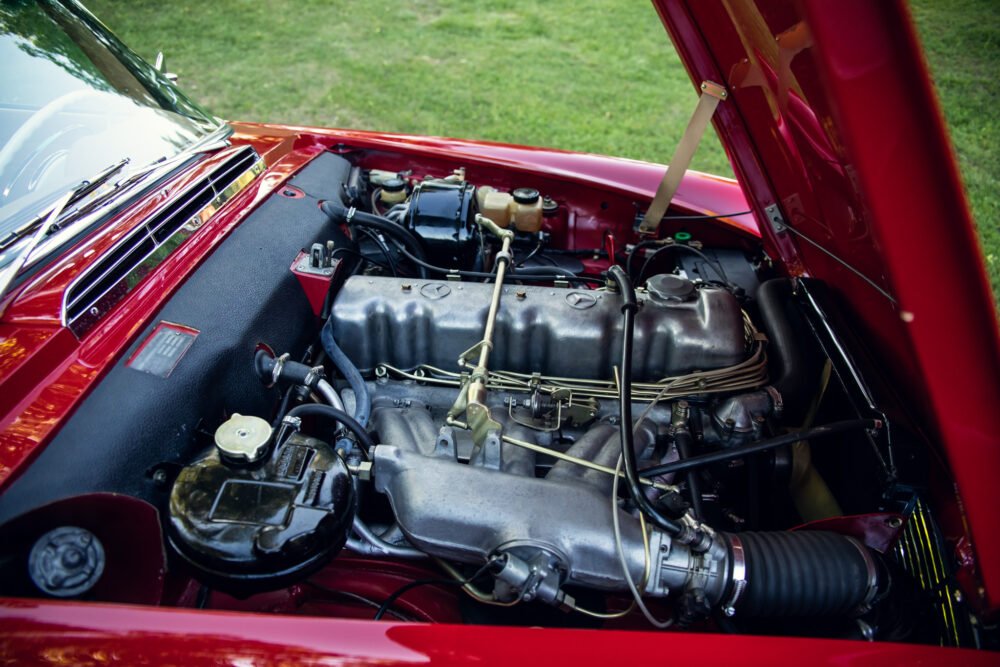 Detailed view of a classic car engine bay.
