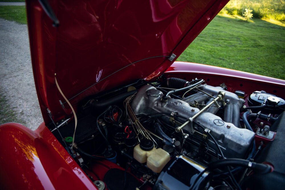 Red vintage car engine open on grassy field.