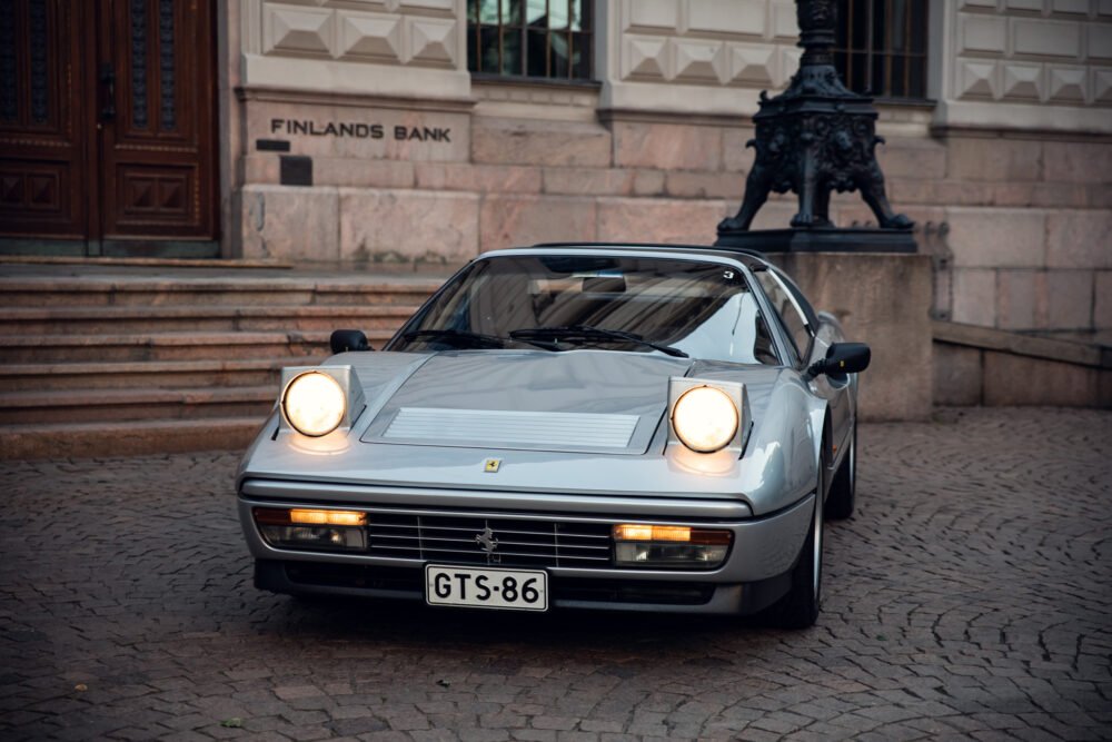 Silver Ferrari in front of Finland's Bank.