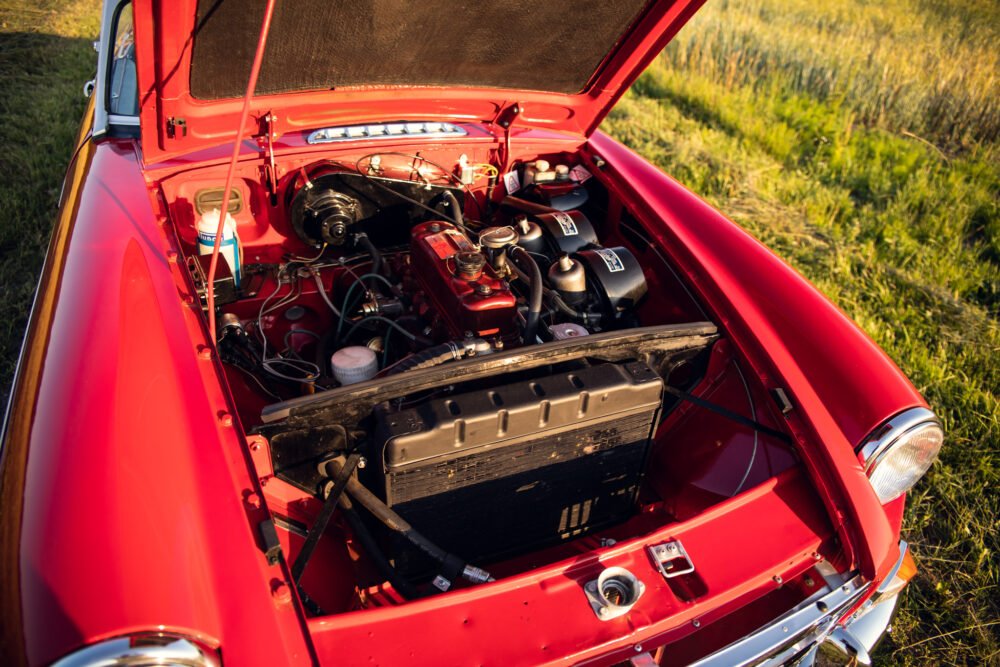 Red vintage car engine open in grassy field.