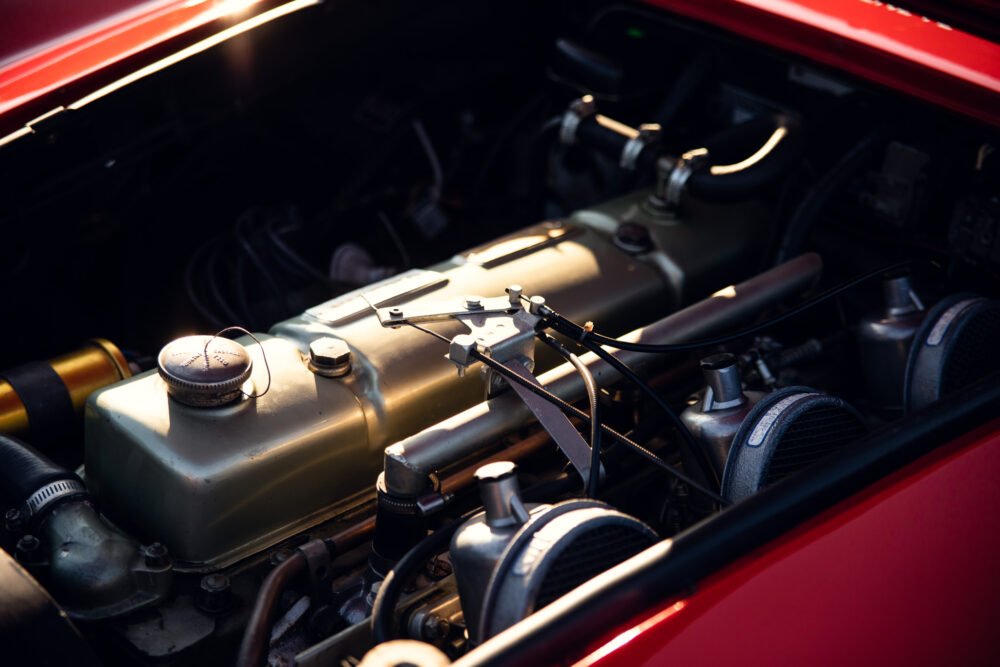 Classic car engine in detailed close-up.