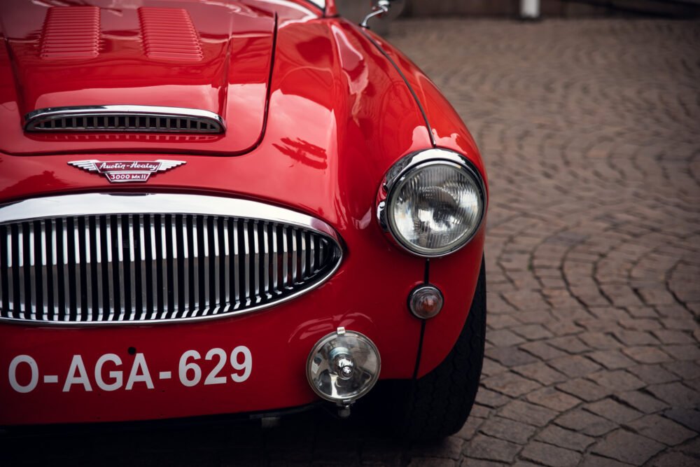 Red Austin-Healey 3000 MkII classic car front view.