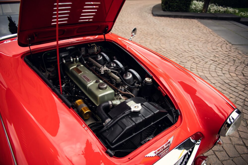 Red Austin-Healey 3000 engine, hood open.