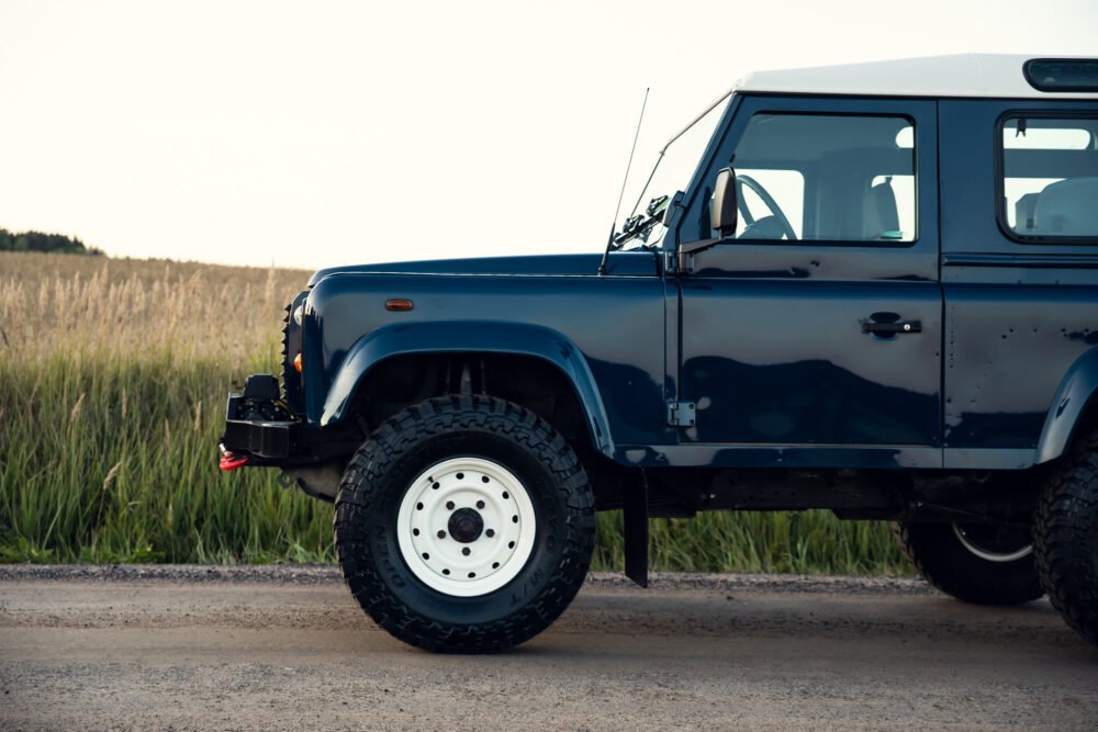 Blue off-road vehicle parked by grassy field.