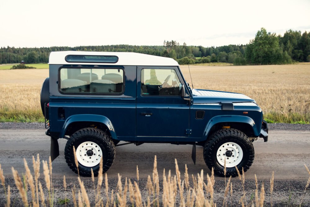 Blue SUV parked by field and trees.