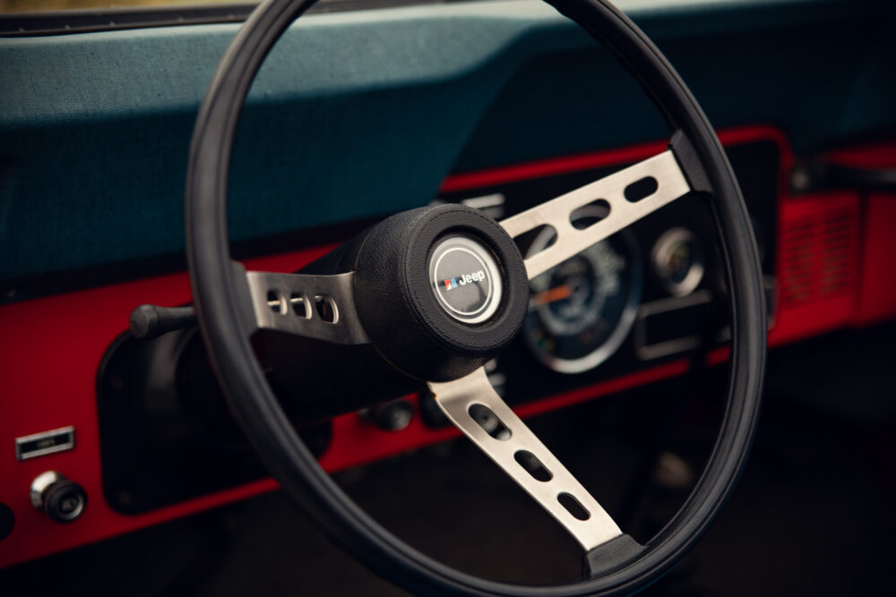 Vintage Jeep steering wheel and dashboard details