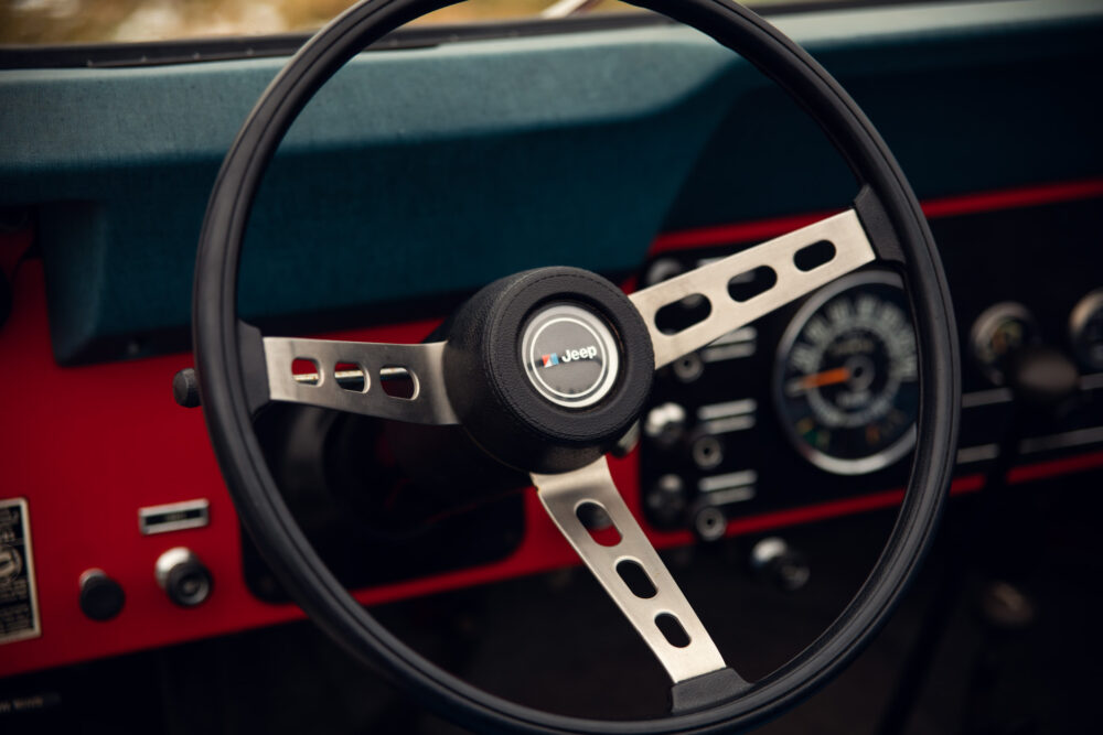 Classic Jeep steering wheel and dashboard detail