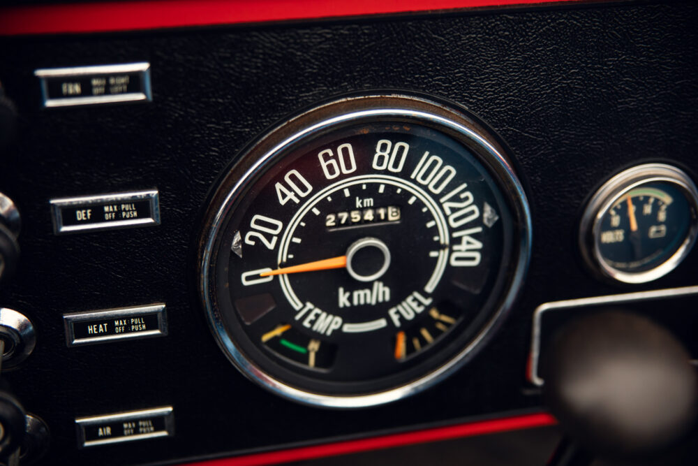 Vintage car dashboard speedometer and fuel gauge close-up