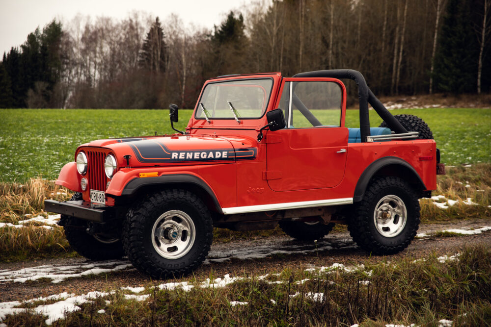 Red Jeep Renegade parked in a grassy field