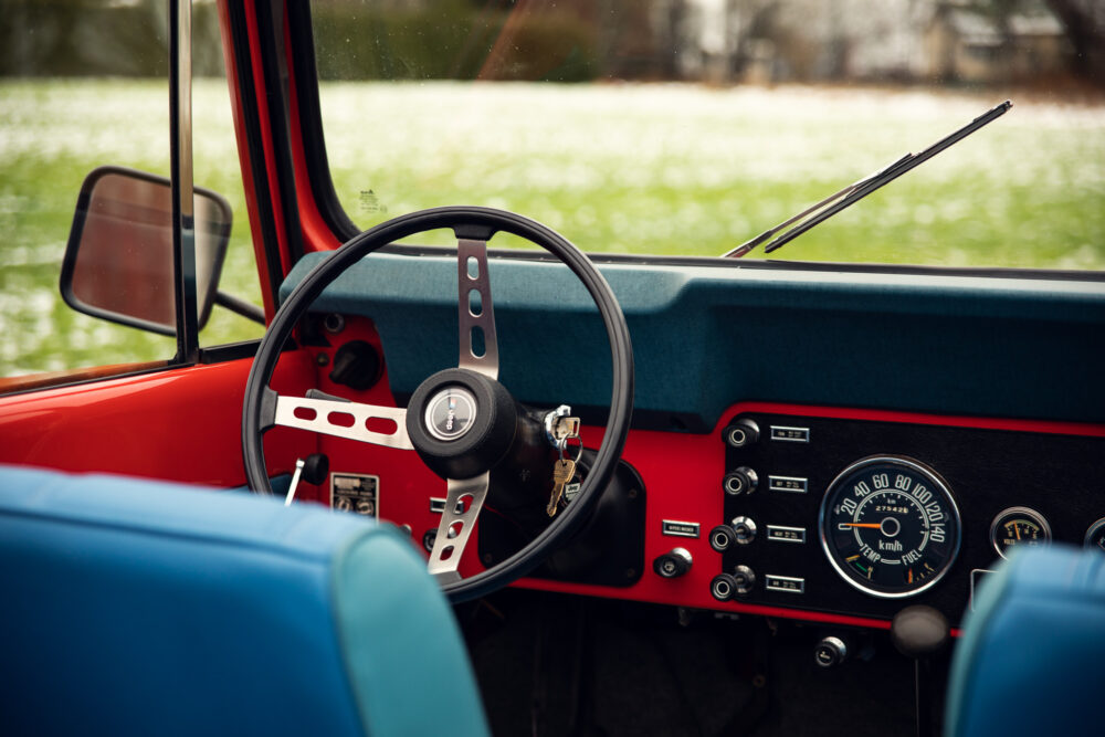 Vintage car dashboard and steering wheel interior view