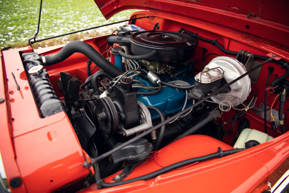 Red car engine open, detailed view