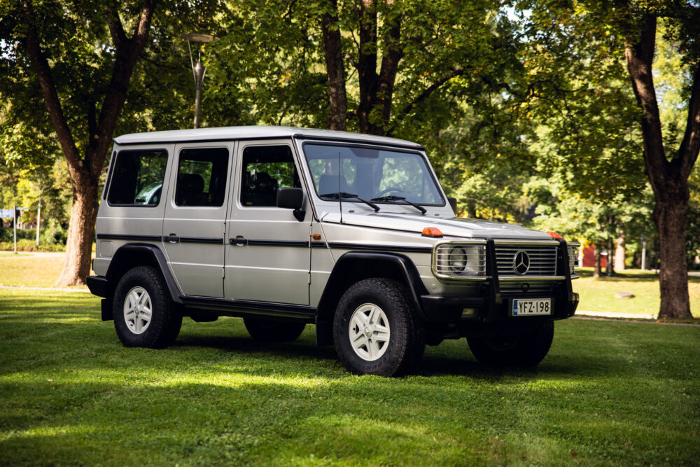 Silver SUV parked in lush green park