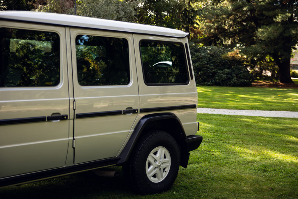 Beige SUV parked on grass near trees in sunlight