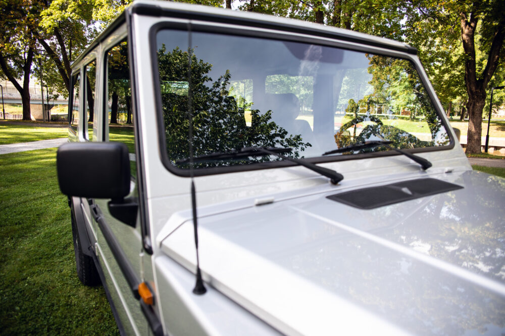 White SUV parked in lush green park