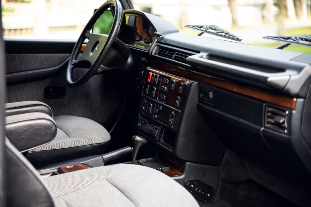 Classic car interior with leather seats and dashboard