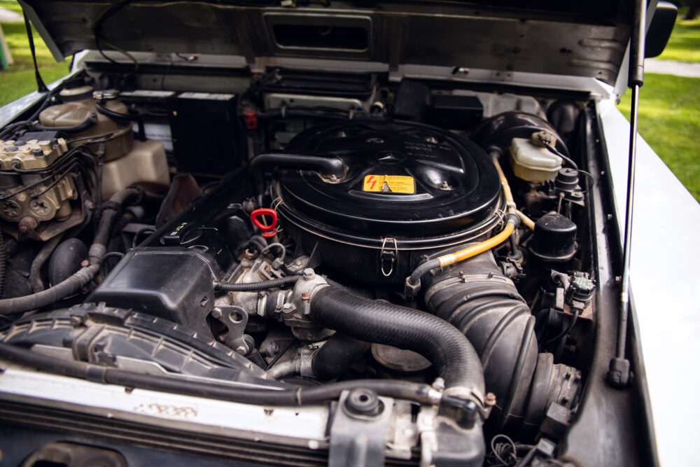 Vintage car engine open hood in grassy area