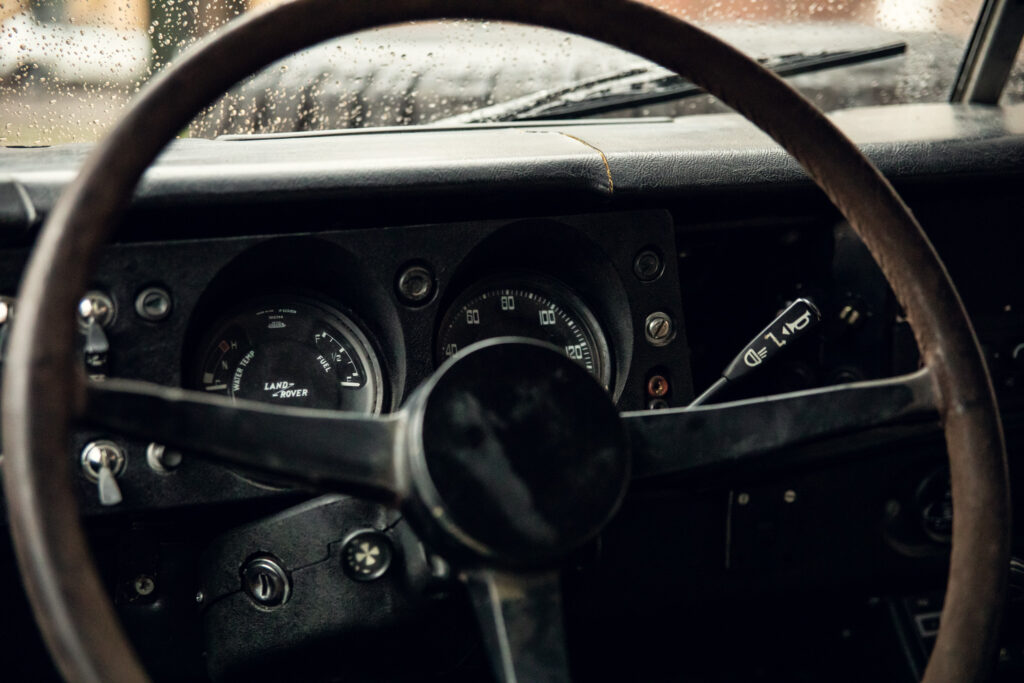 Vintage Land Rover dashboard with steering wheel