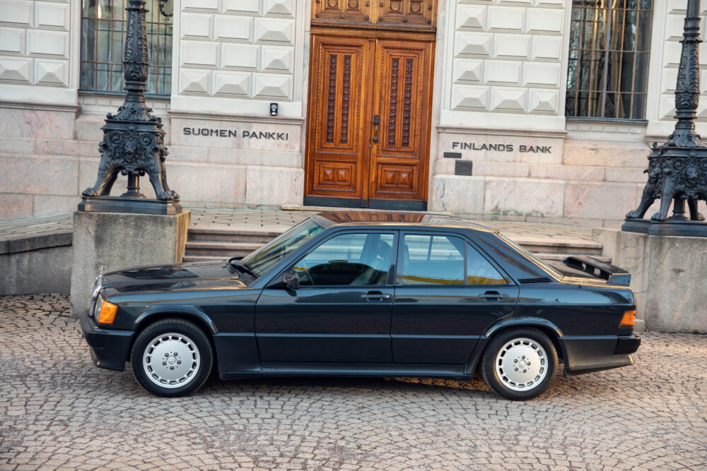 Vintage black car parked outside Finland's Bank