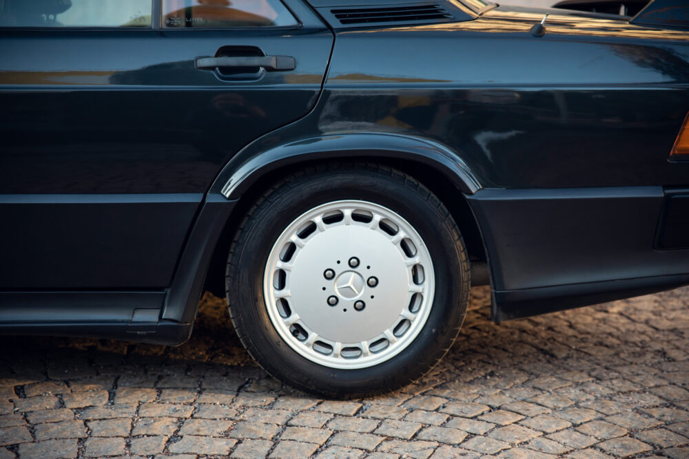 Close-up of classic Mercedes car wheel and body