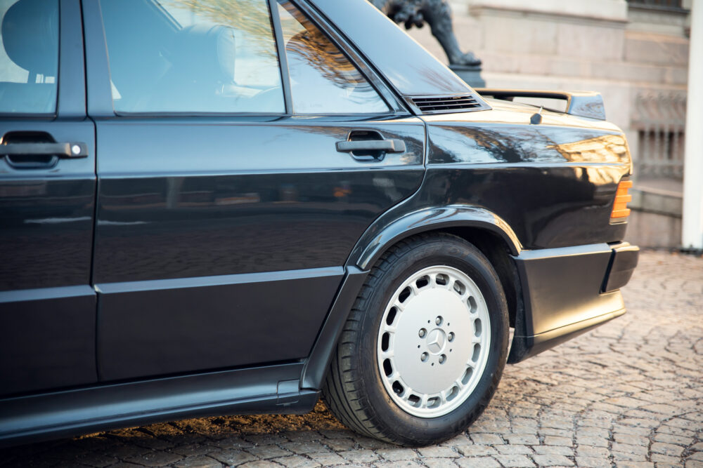 Black classic Mercedes car in urban setting