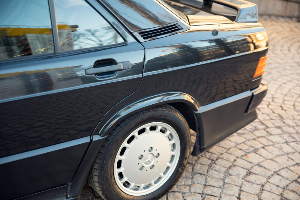 Close-up of classic car wheel and side panel