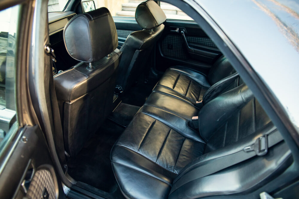 Interior view of a vintage car with leather seats