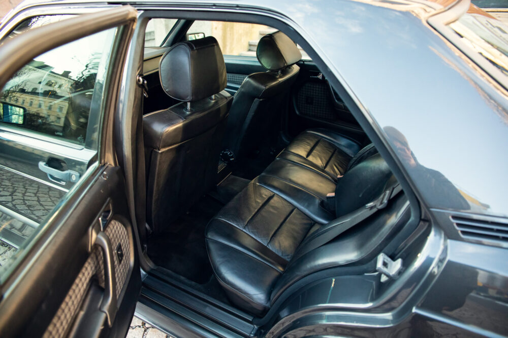 Black leather interior of a classic car