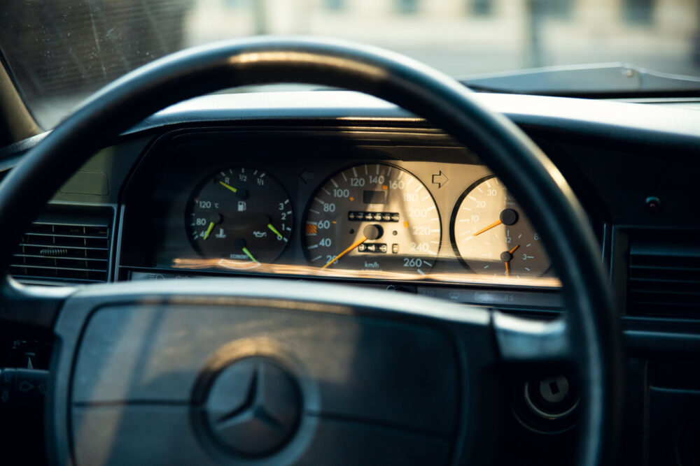 Vintage Mercedes dashboard in sunlight