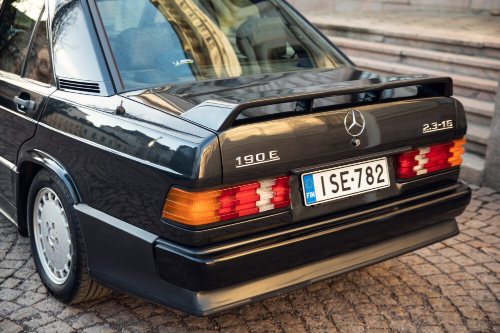 Vintage Mercedes 190E rear view with European license plate