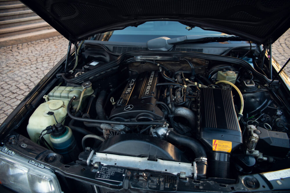 Mercedes engine bay open showing detailed components