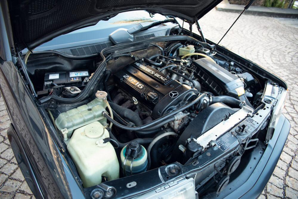 Detailed view of an open Mercedes-Benz car engine