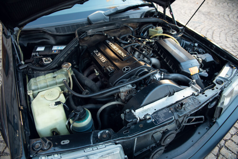 Detailed view of Mercedes-Benz car engine compartment