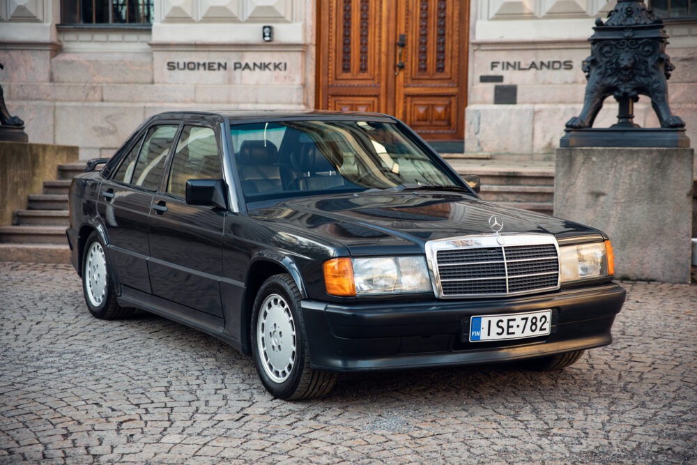 Vintage Mercedes-Benz parked in front of Finnish bank