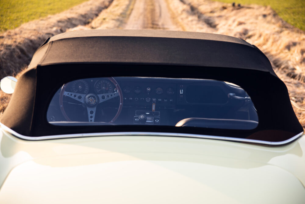 Convertible car dashboard viewed from rear