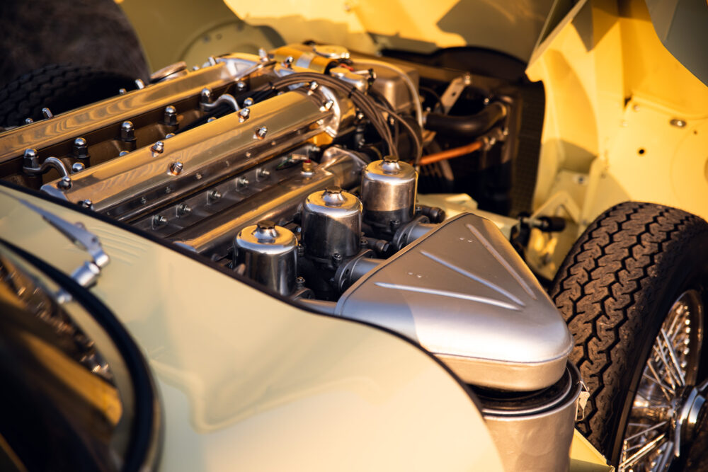 Vintage car engine and detailed chrome parts