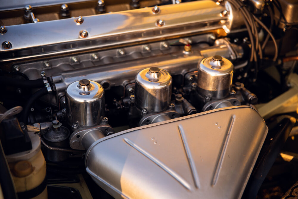 Vintage car engine close-up with polished metal parts