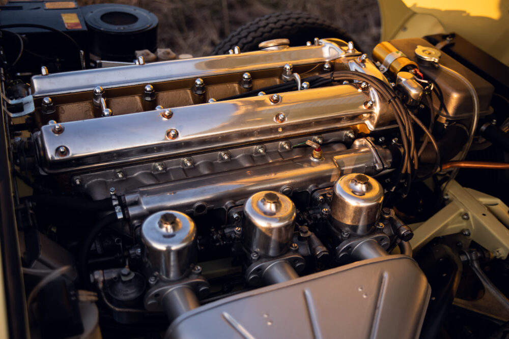 Close-up of a polished vintage car engine